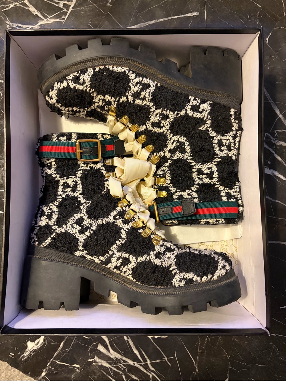 Gucci Black & White Monogram Lace-Up Platform Boots with Ribbon Laces